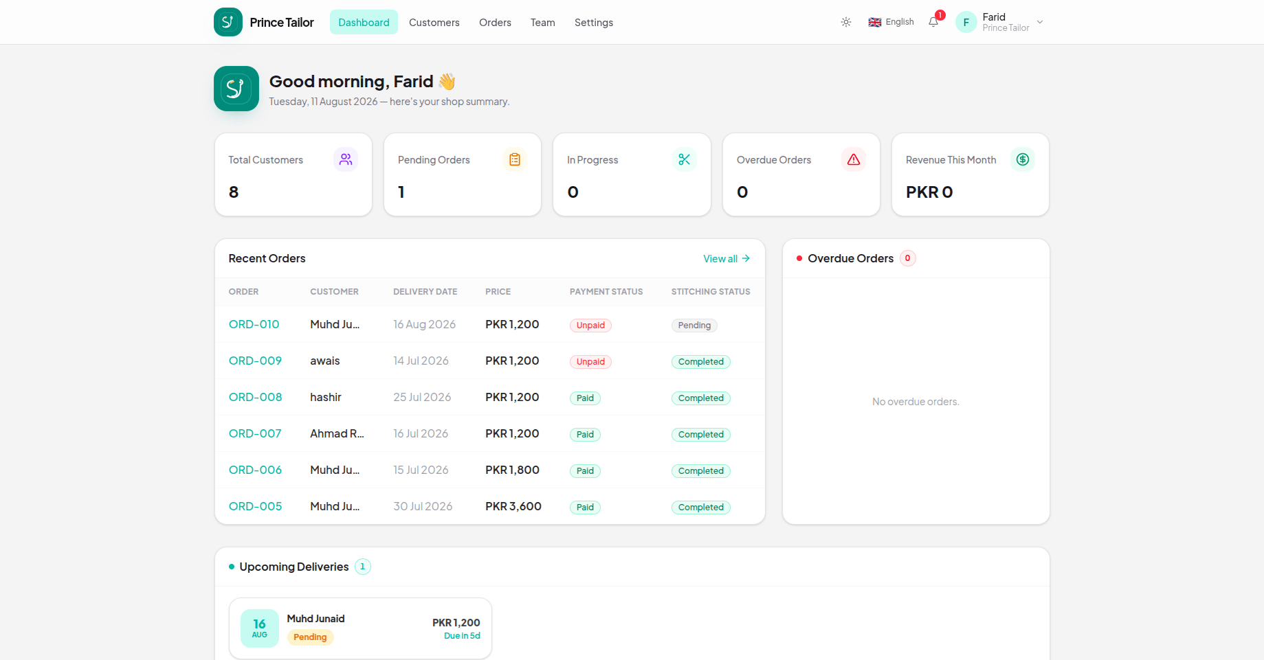 SilaiPro web portal dashboard in light theme